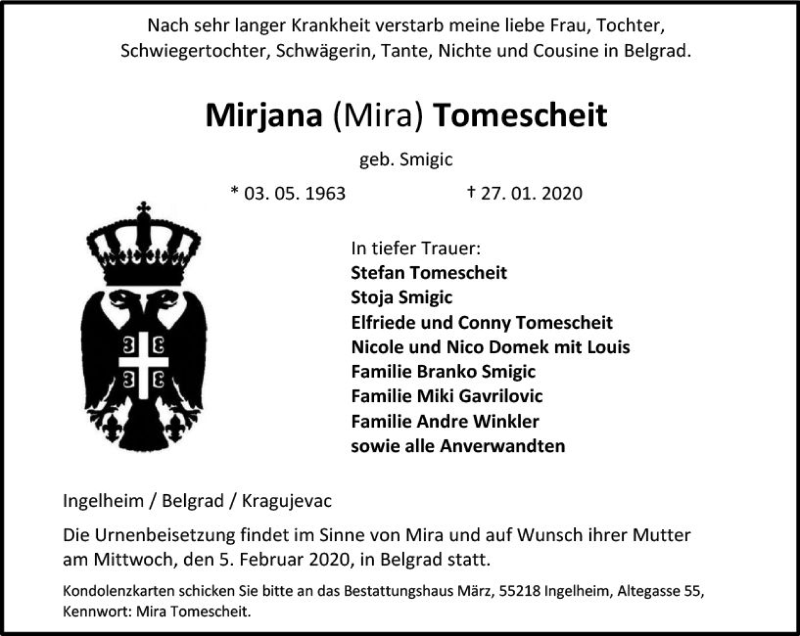  Traueranzeige für Mirjana Tomescheit vom 04.02.2020 aus vrm-trauer