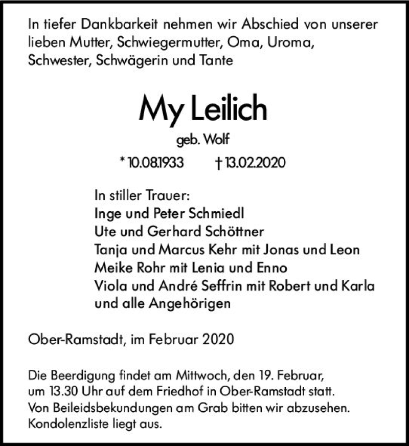  Traueranzeige für My Leilich vom 15.02.2020 aus vrm-trauer