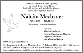 Traueranzeige von Nalcita Mechsner von vrm-trauer