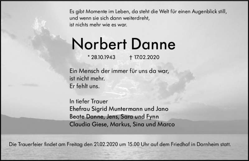  Traueranzeige für Norbert Danne vom 20.02.2020 aus vrm-trauer