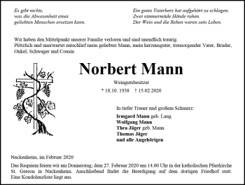 Traueranzeige von Norbert Mann von vrm-trauer