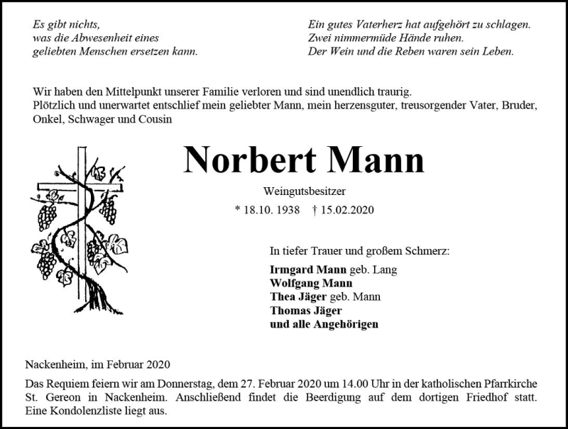  Traueranzeige für Norbert Mann vom 22.02.2020 aus vrm-trauer