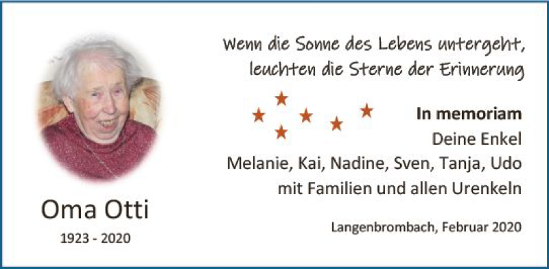  Traueranzeige für Oma Otti  vom 08.02.2020 aus vrm-trauer