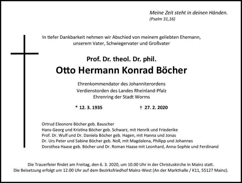  Traueranzeige für Otto Hermann Konrad Böcher vom 29.02.2020 aus vrm-trauer