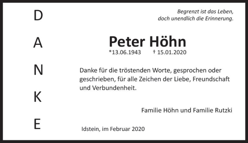  Traueranzeige für Peter Höhn vom 08.02.2020 aus vrm-trauer