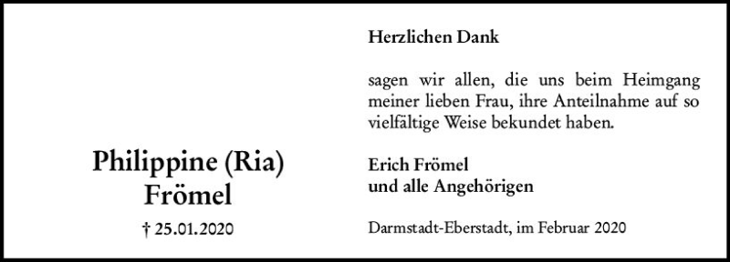 Traueranzeige für Philippine Frömel vom 22.02.2020 aus vrm-trauer