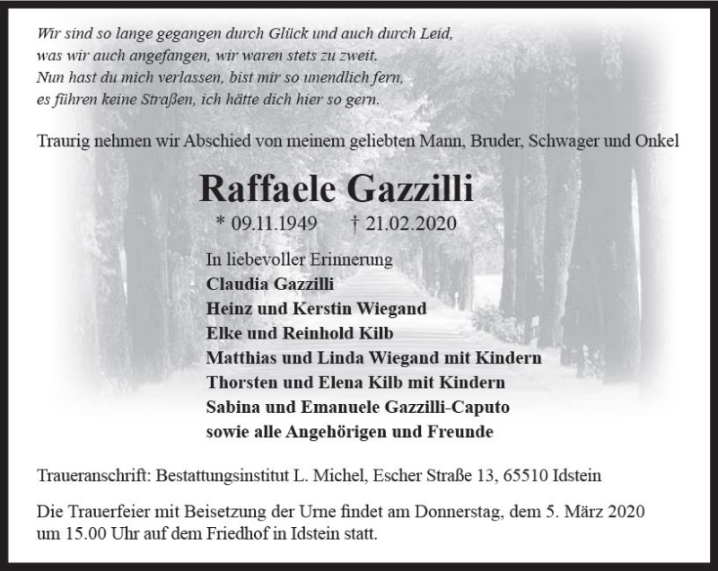  Traueranzeige für Raffaele Gazzilli vom 29.02.2020 aus vrm-trauer
