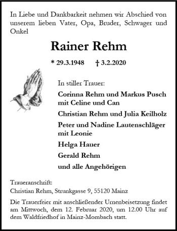 Traueranzeige von Rainer Rehm von vrm-trauer