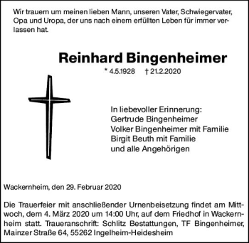 Traueranzeige von Reinhard Bingenheimer von vrm-trauer
