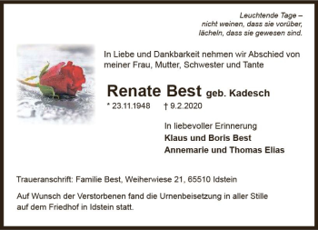 Traueranzeige von Renate Best von vrm-trauer