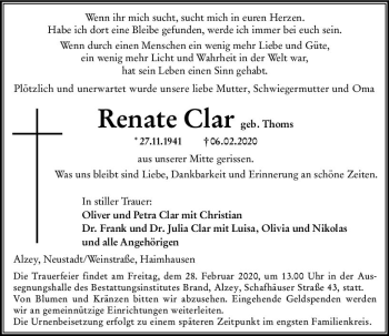 Traueranzeige von Renate Clar von vrm-trauer
