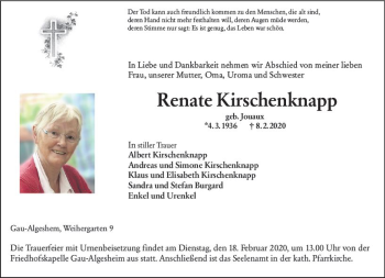 Traueranzeige von Renate Kirschenknapp von vrm-trauer