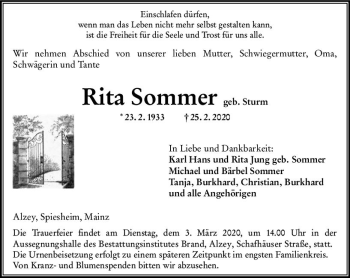 Traueranzeige von Rita Sommer von vrm-trauer