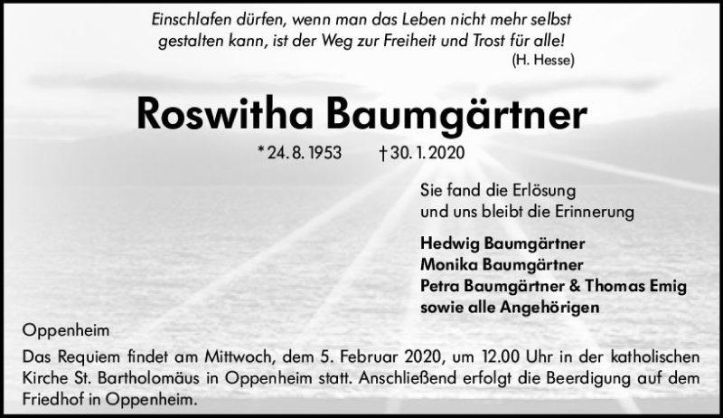  Traueranzeige für Roswitha Baumgärtner vom 04.02.2020 aus vrm-trauer