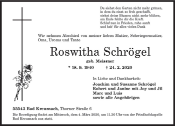 Traueranzeige von Roswitha Schrögel von vrm-trauer