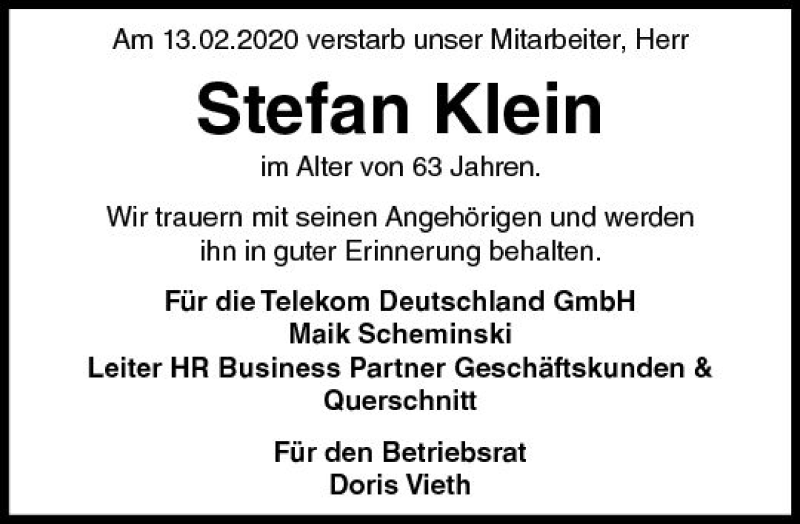  Traueranzeige für Stefan Klein vom 22.02.2020 aus vrm-trauer