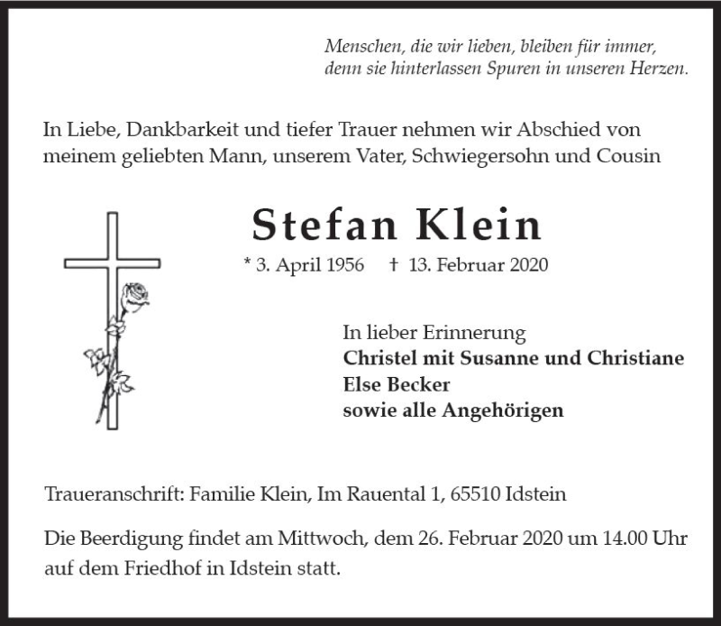  Traueranzeige für Stefan Klein vom 22.02.2020 aus vrm-trauer