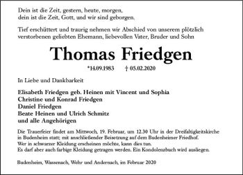 Traueranzeige von Thomas Friedgen von vrm-trauer
