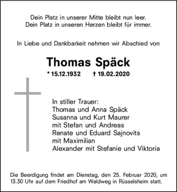 Traueranzeige von Thomas Späck von vrm-trauer