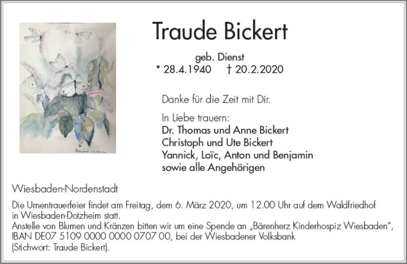  Traueranzeige für Traude Bickert vom 29.02.2020 aus vrm-trauer