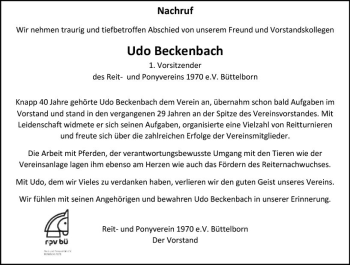 Traueranzeige von Udo Beckenbach von vrm-trauer