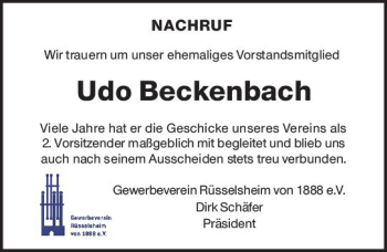 Traueranzeige von Udo Beckenbach von vrm-trauer