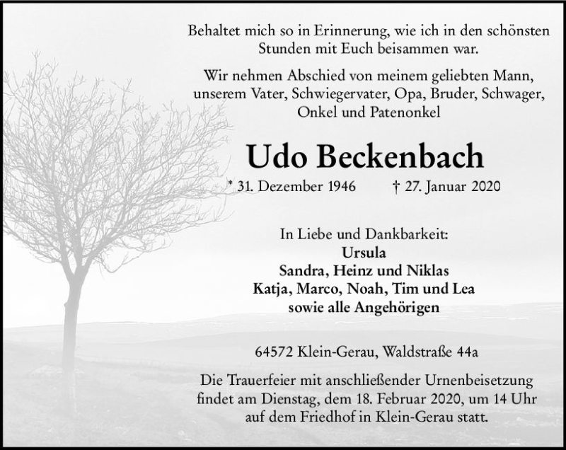  Traueranzeige für Udo Beckenbach vom 08.02.2020 aus vrm-trauer