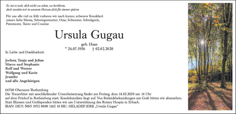  Traueranzeige für Ursula Gugau vom 11.02.2020 aus vrm-trauer