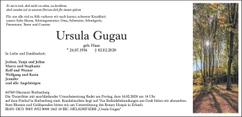 Traueranzeige von Ursula Gugau von vrm-trauer