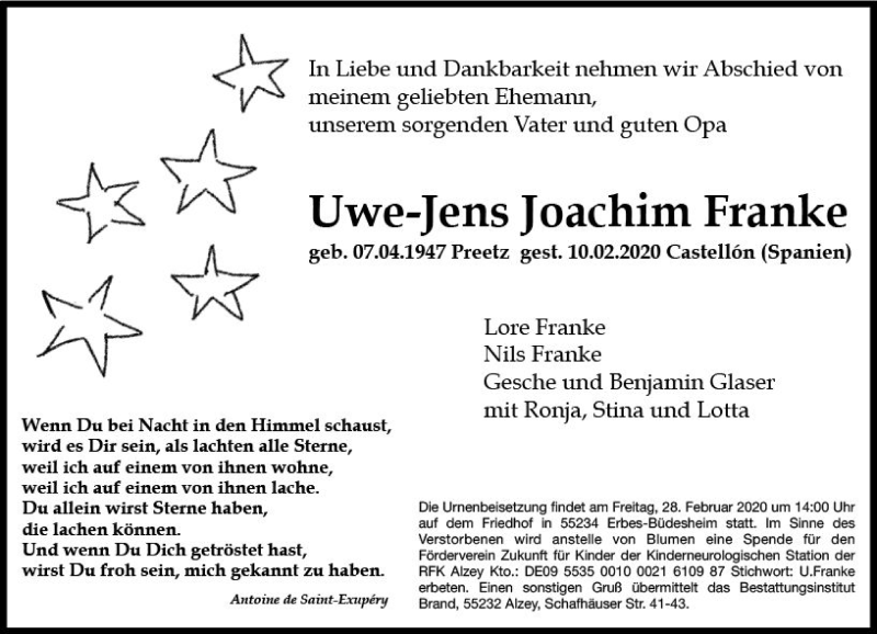  Traueranzeige für Uwe-Jens Joachim Franke vom 22.02.2020 aus vrm-trauer