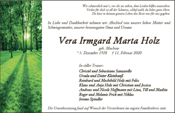 Traueranzeige von Vera Irmgard Marta Holz von vrm-trauer