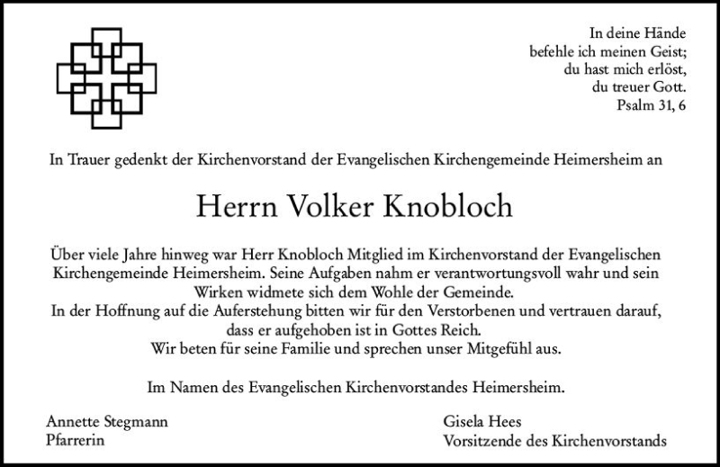  Traueranzeige für Volker Knobloch vom 18.02.2020 aus vrm-trauer