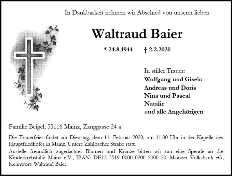  Traueranzeige für Waltraud Baier vom 08.02.2020 aus vrm-trauer
