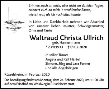 Traueranzeige von Waltraud Christa Ullrich von vrm-trauer