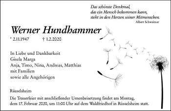 Traueranzeige von Werner Hundhammer von vrm-trauer