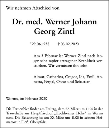 Traueranzeige von Werner Johann Georg Zintl von vrm-trauer