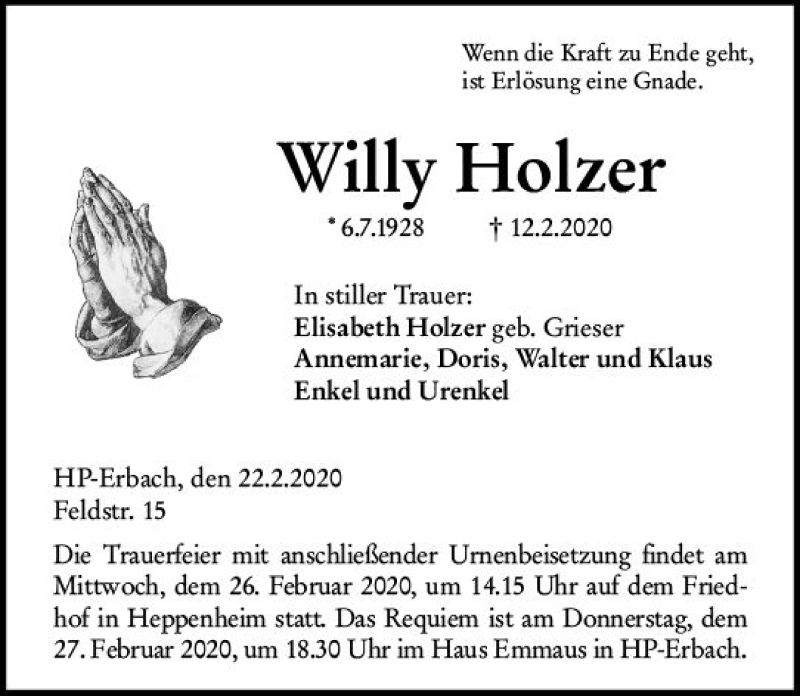  Traueranzeige für Willy Holzer vom 22.02.2020 aus vrm-trauer