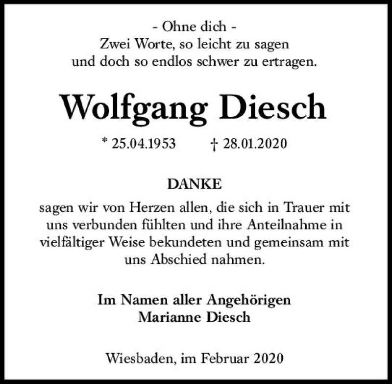 Traueranzeige für Wolfgang Diesch vom 22.02.2020 aus vrm-trauer