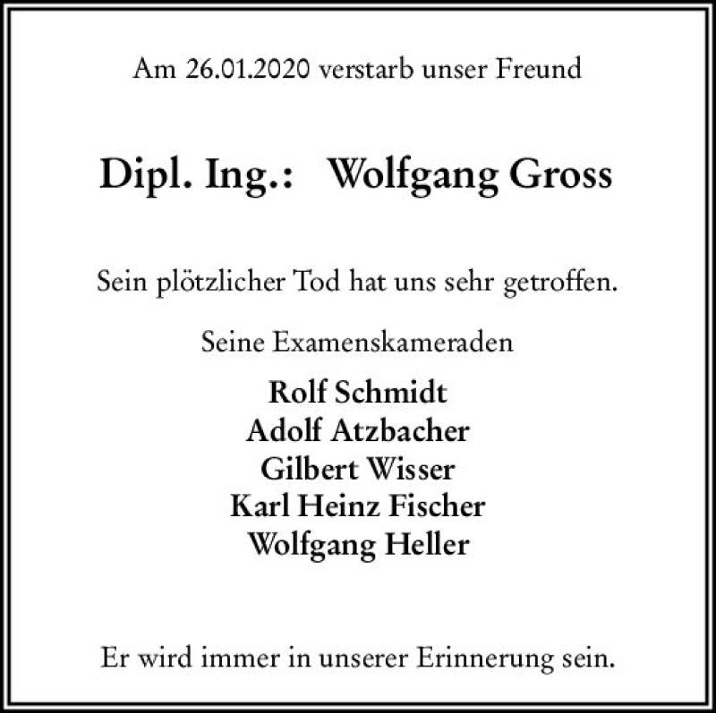  Traueranzeige für Wolfgang Gross vom 21.02.2020 aus vrm-trauer