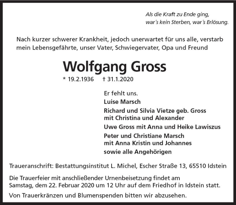  Traueranzeige für Wolfgang Gross vom 15.02.2020 aus vrm-trauer