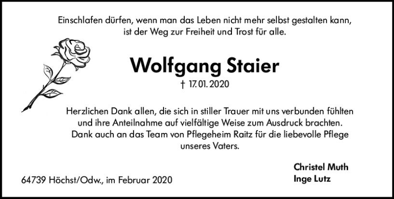  Traueranzeige für Wolfgang Staier vom 08.02.2020 aus vrm-trauer
