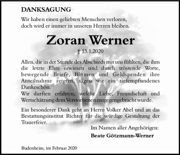 Traueranzeige von Zoran Werner von vrm-trauer