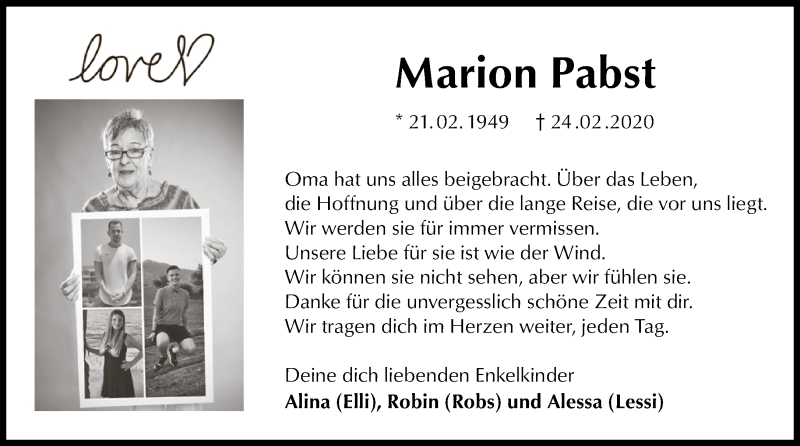  Traueranzeige für Marion Pabst vom 03.03.2020 aus 