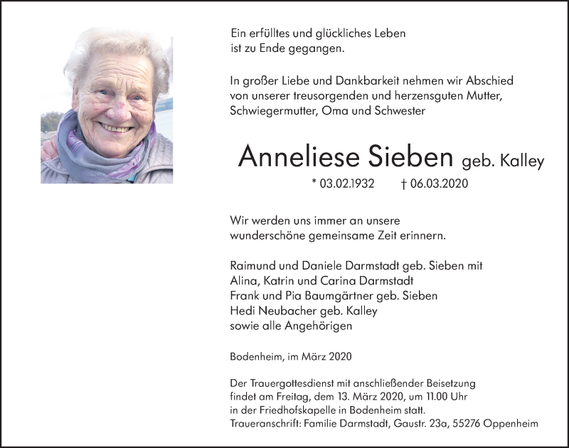  Traueranzeige für Anneliese Sieben vom 11.03.2020 aus 