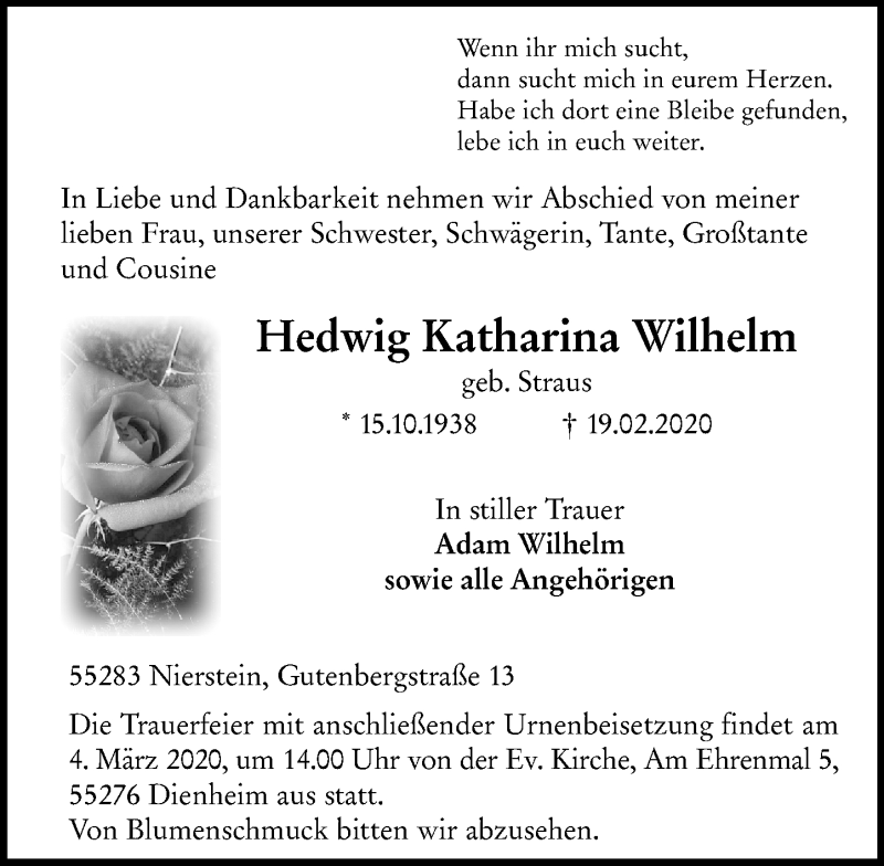  Traueranzeige für Hedwig Katharina Wilhelm vom 28.02.2020 aus VRM-Trauer