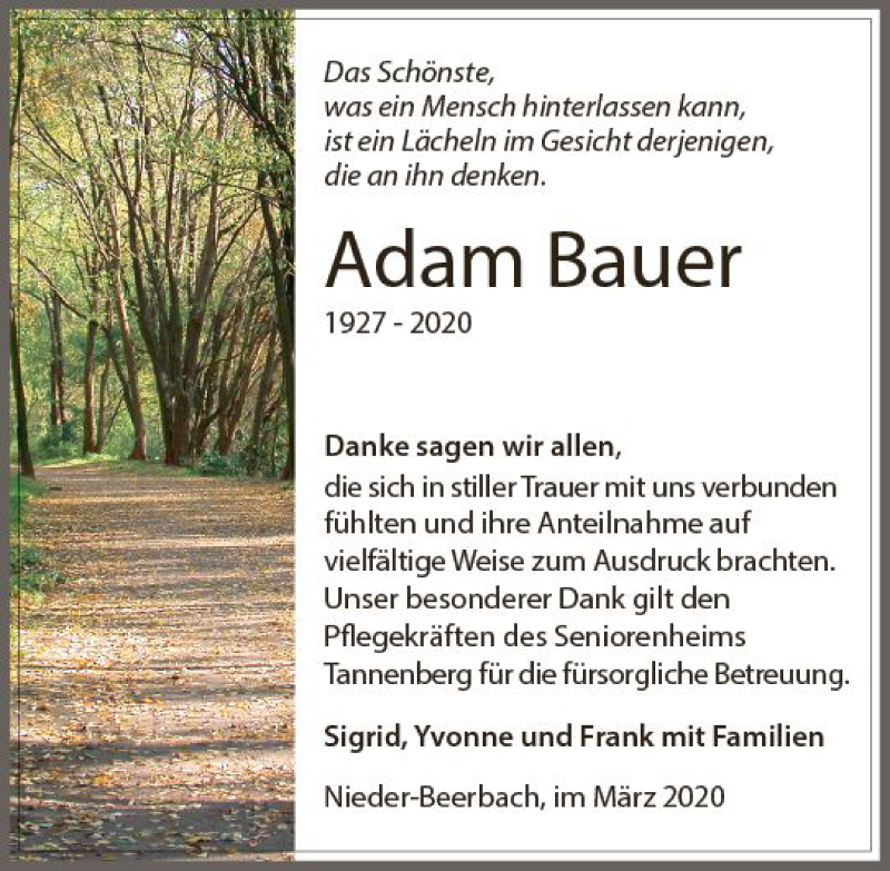  Traueranzeige für Adam Bauer vom 14.03.2020 aus vrm-trauer