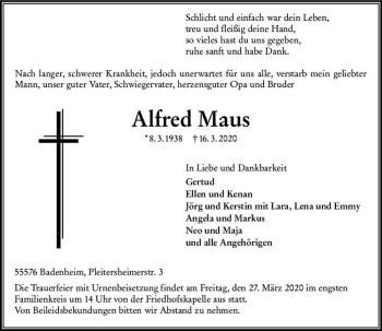 Traueranzeige von Alfred Maus von vrm-trauer