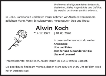 Traueranzeige von Alwin Koch von vrm-trauer
