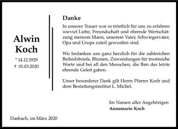 Traueranzeige von Alwin Koch von vrm-trauer