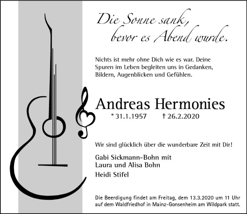  Traueranzeige für Andreas Hermonies vom 07.03.2020 aus vrm-trauer